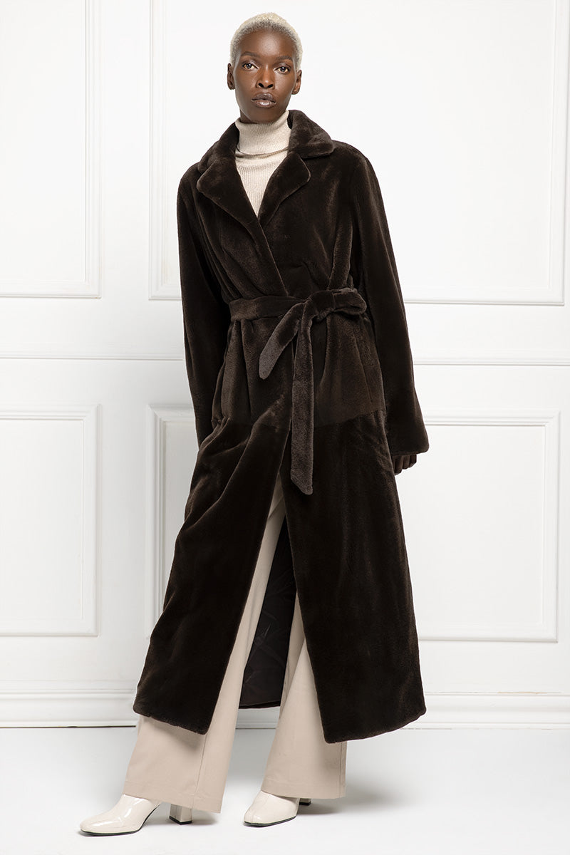 Belted velvet faux fur coat hotsell